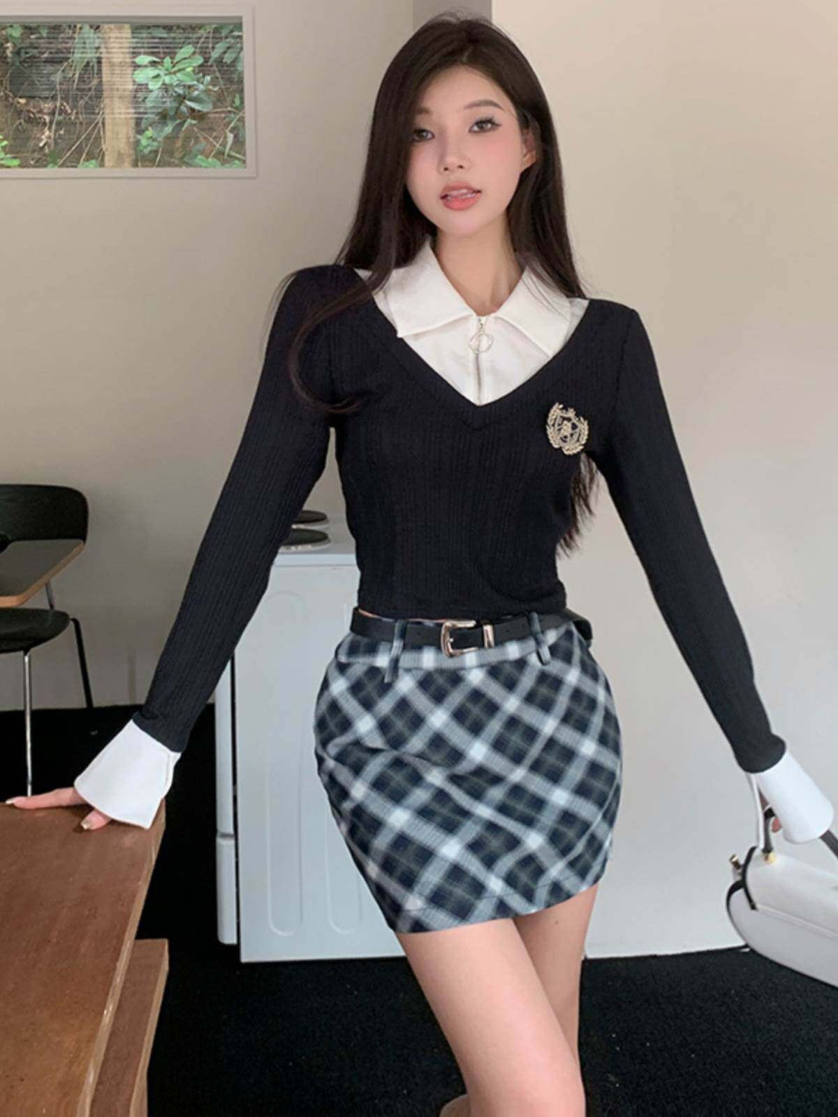 instunning 假两件长袖t恤上衣女生简约包臀裙格子半身裙两件套装