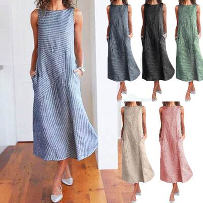 Cotton linen dress速卖通跨境简约条纹棉麻宽松连衣裙无袖A字裙