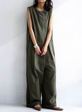 日系绿色宽松高个子阔腿拖地长裤23夏新气质无袖棉麻连体裤连体衣