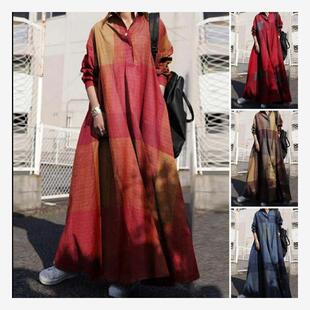 Ladies skirt棉麻复古民族风印花宽松长袖 大摆型衬衫 连衣裙 dress