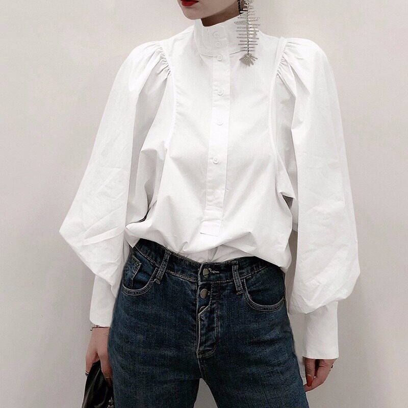 日系小立领灯笼袖衬衫纯