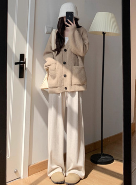 白色糯米裤女秋冬2025年新款高腰休闲加绒阔腿裤小个子春秋针织裤