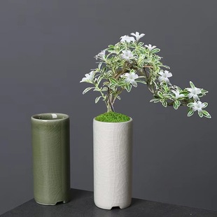 小直筒冰裂釉花盆多肉绿植竹柏酒店花器创意陶瓷桌面盆栽有孔