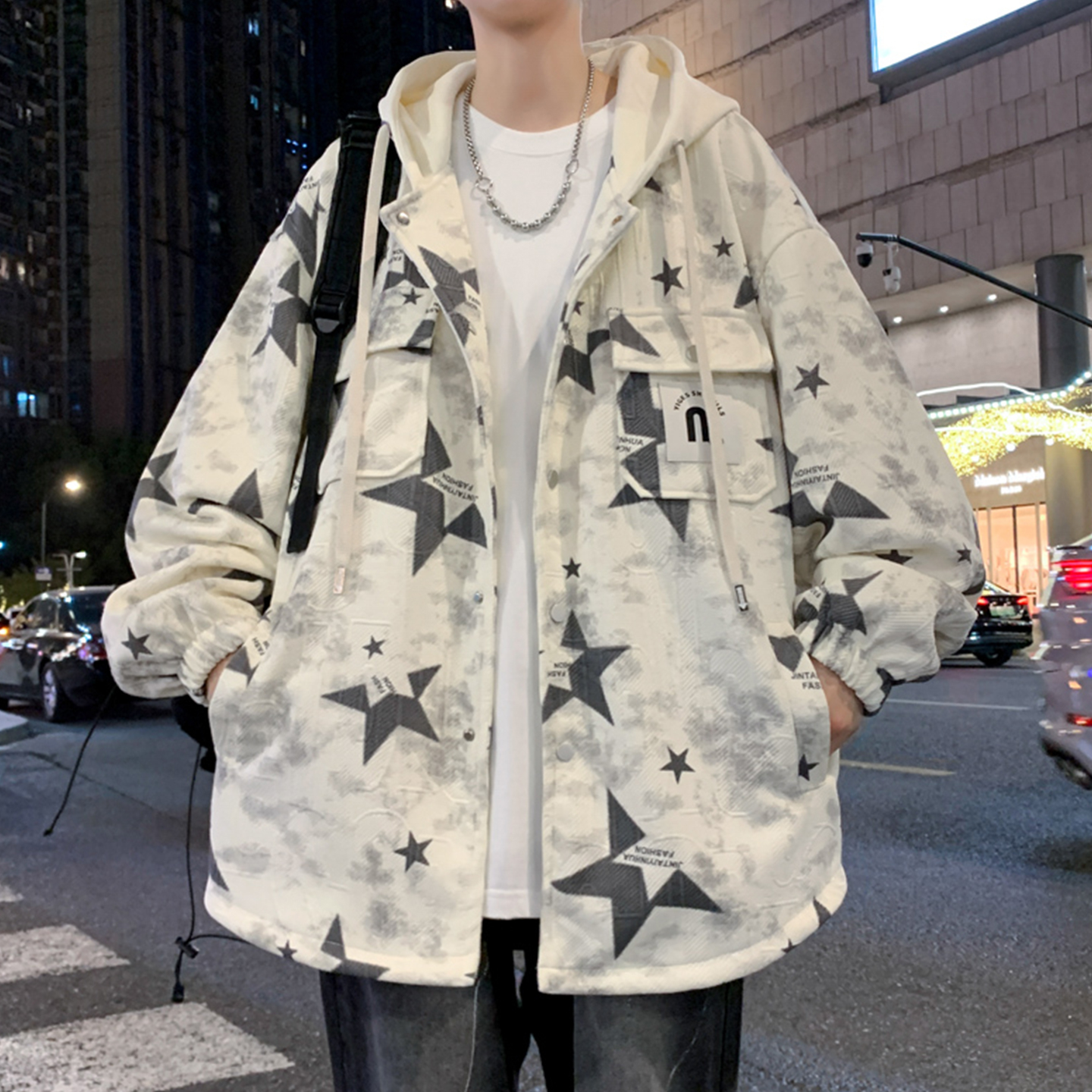 时尚潮牌初高中生宽松连帽工装男