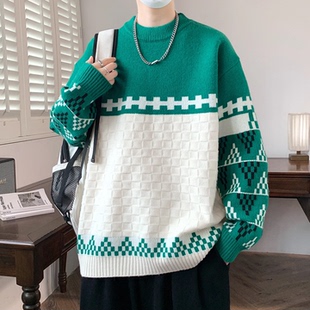 混纺毛衣男秋冬季新款学院风方格子针织衫男帅气青少年毛衫外套潮