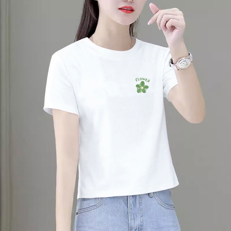 新款纯棉宽松圆领百搭时尚短款短袖t恤女夏季透气体恤小个子上衣
