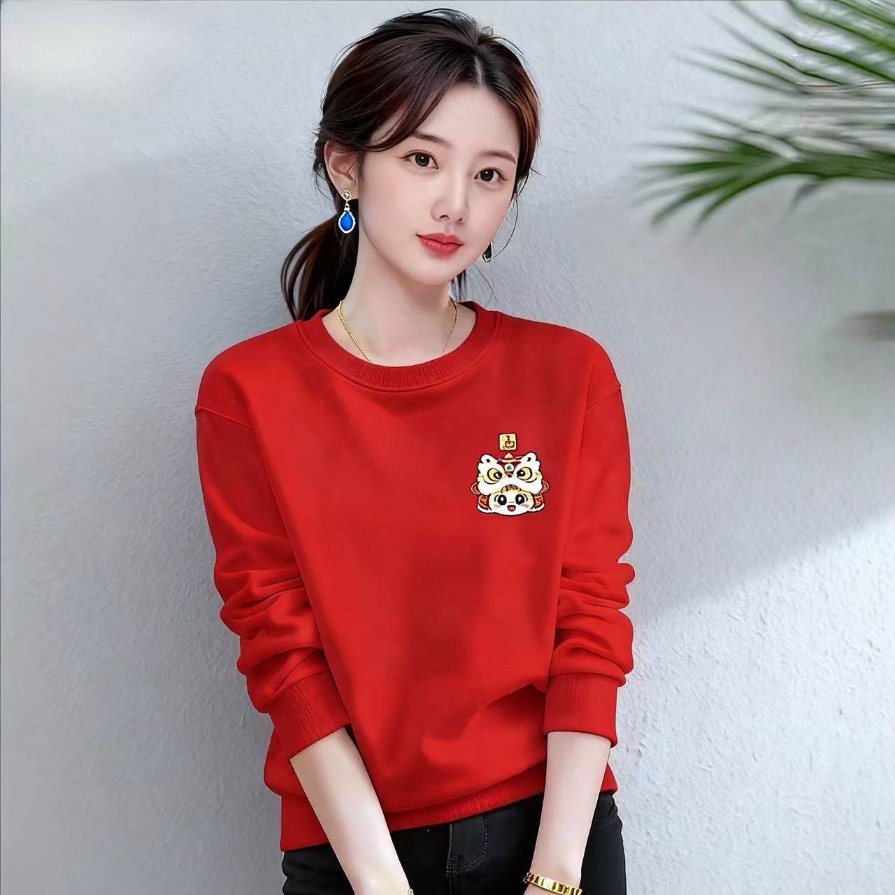 马年大吉红色拜年服时尚国潮卫衣秋冬新款韩版宽松大码女装打底衫