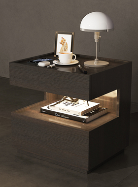 意式极简悬浮床头柜镂空式加灯实木床边柜北欧卧室床边储物收纳柜