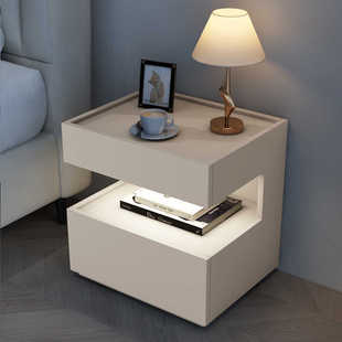 现代简约实木床头柜镂空加灯北欧卧室收纳床边柜多功能储物茶水柜