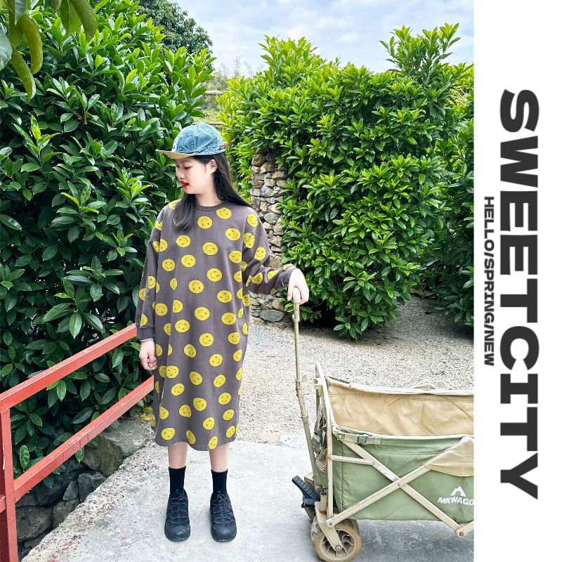 NO退换 sweet city春女童日系卡通印花套头长款卫衣休闲连衣裙女