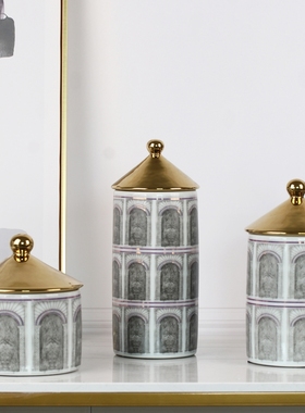 现代轻奢建筑图案陶瓷亭子宝塔罐子样板客厅玄关软装饰品电镀摆件
