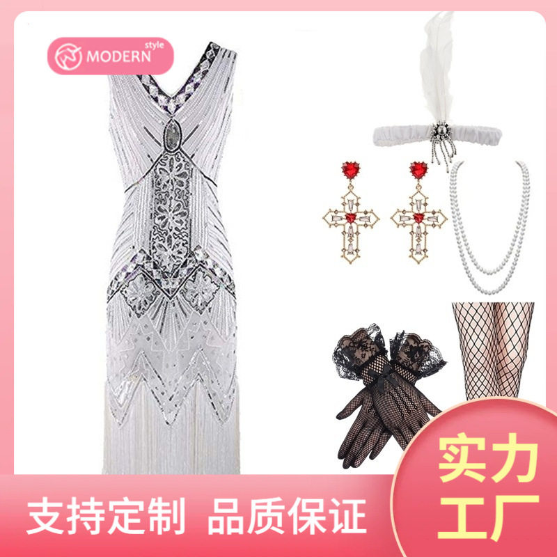 1920s欧美盖茨比晚礼服流苏大码V领连衣裙套装宴会外贸wish