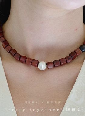 拉丝纯银天然檀木红黑色原创高级感买手店小众中性木质项链女诧寂