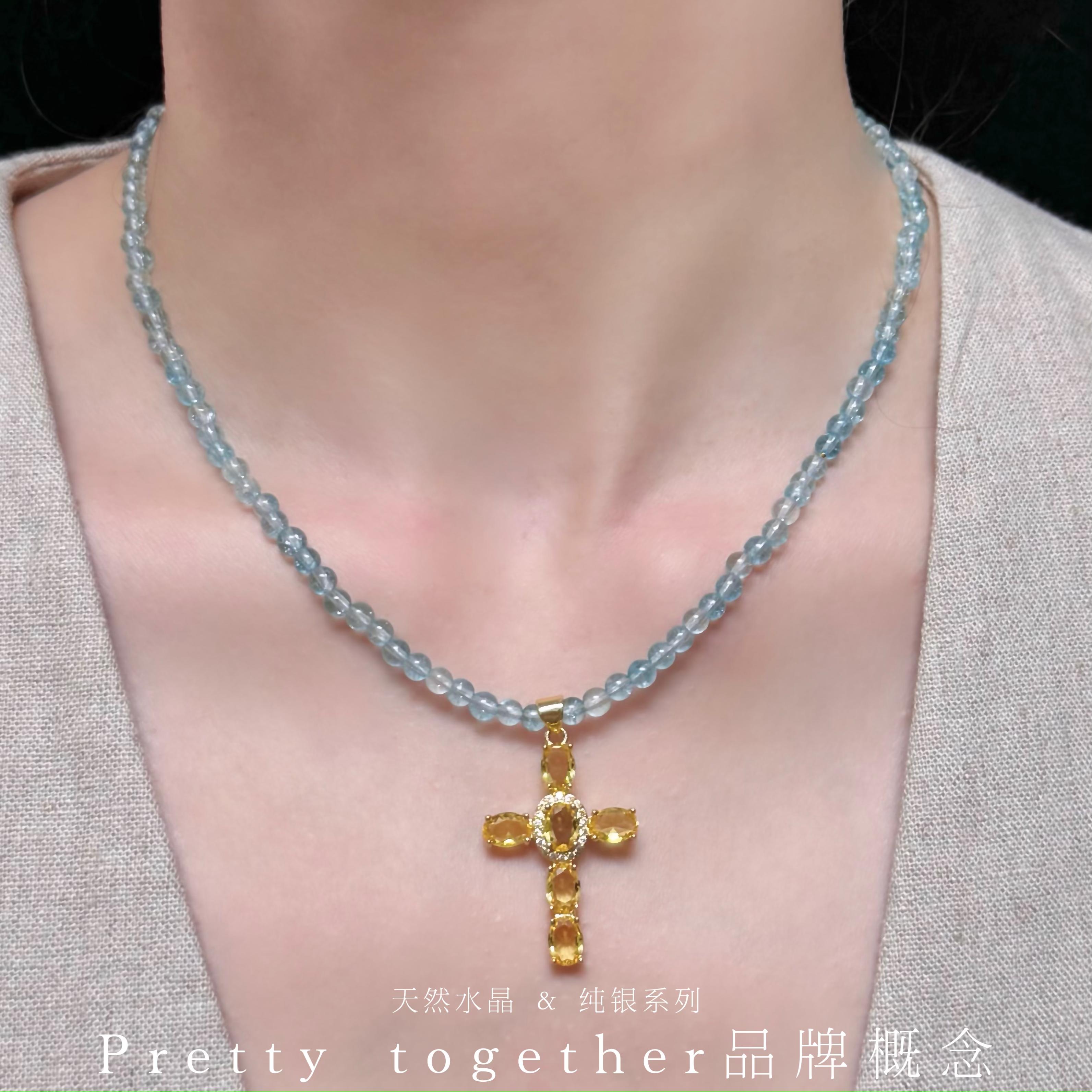 纯银 & 天然海蓝宝水晶 黄宝石高级感礼物欧美十字架吊坠锆钻项链