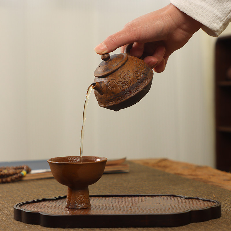 复古老岩泥酱釉茶壶飞天壶圆满壶四方壶承苔藓绿中式功夫茶具陶瓷