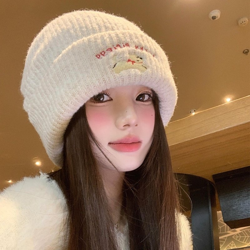 帽子女士冬可爱大头围针织帽保暖韩版ins可爱小狗刺绣毛线帽