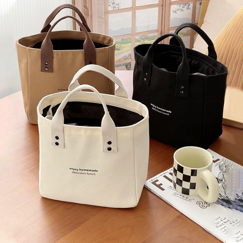 百搭帆布手提袋上班族饭盒袋高颜值外出带饭简约拎包饭盒小巧轻便