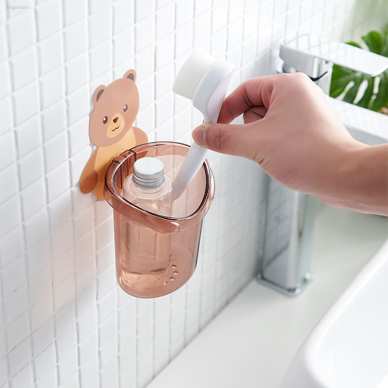 免打孔小熊抱抱置物杯梳子牙膏牙刷收纳盒浴室壁挂式置物架收纳架
