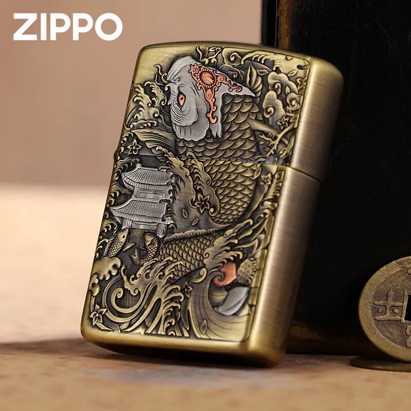 鱼跃龙门芝宝Zippo盔甲机古铜纯铜美国原装打火机送礼品防风煤油