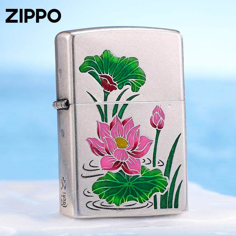 夜光荷花Zippo芝宝珐琅彩送礼仿古银防风煤油打火机砂轮式盔甲机