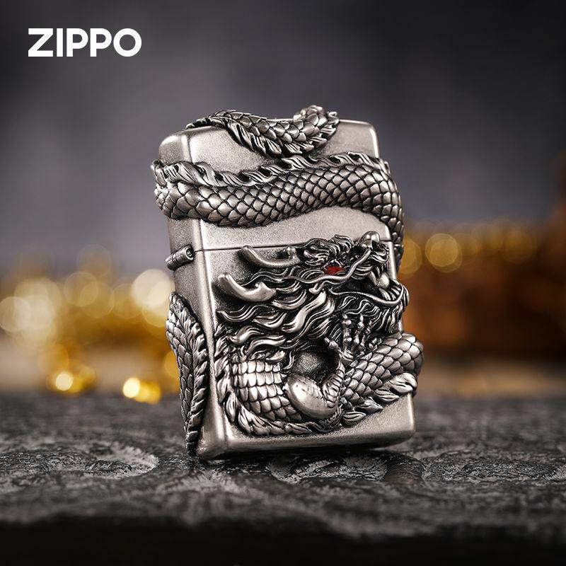天地龙鳞Zippo芝宝防风煤油打火机重盔甲夜光送礼品仿古银龙缠绕