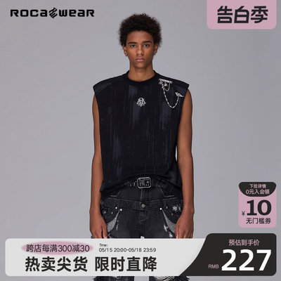 Rocawear美式潮牌仿刷洗印花无袖垫肩T恤宽松复古280g背心上衣