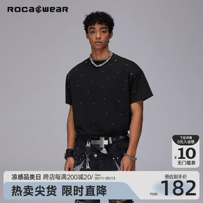 Rocawear夏季美式潮牌满钻设计星空垫肩短袖T恤时尚高街上衣半袖