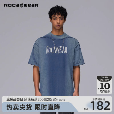 Rocawear夏季美式潮牌渐变水洗分割印花短袖T恤宽松高街半袖上衣