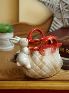 创意陶瓷手提包可爱兔子收纳摆件