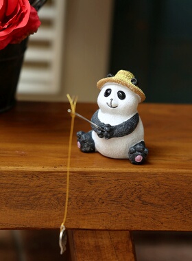 创意熊猫钓鱼缸水族箱装饰摆件