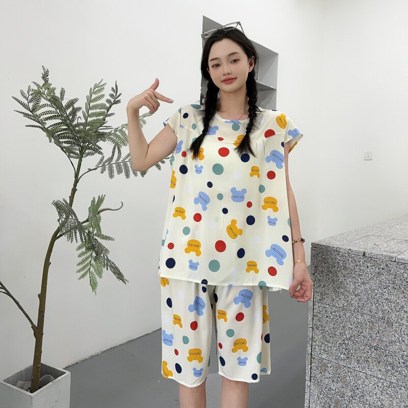 夏季睡衣棉绸女士纯棉家居服大码中老年胖妈妈套装薄款人造棉绵绸