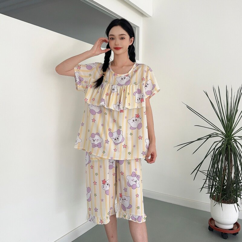 防凸点新款棉绸套装圆领套头七分裤人造棉睡衣家居服可爱凉快透气