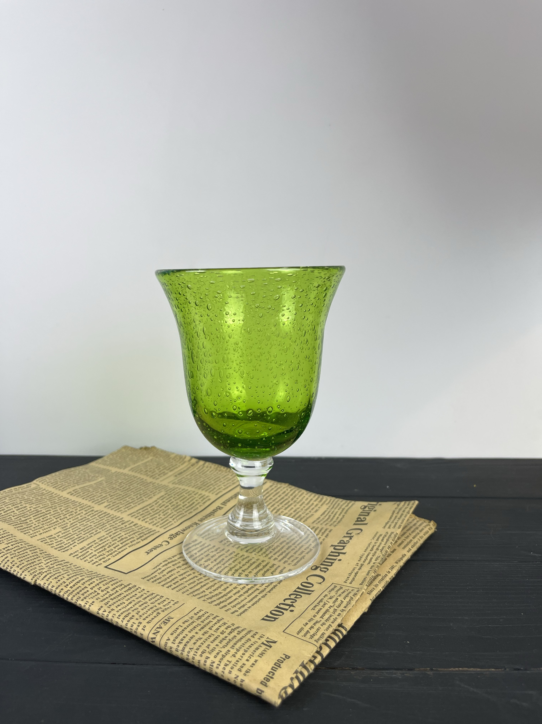 中古vintage绿色重工气泡工艺玻璃杯高脚杯绿色原色料拼色高脚杯