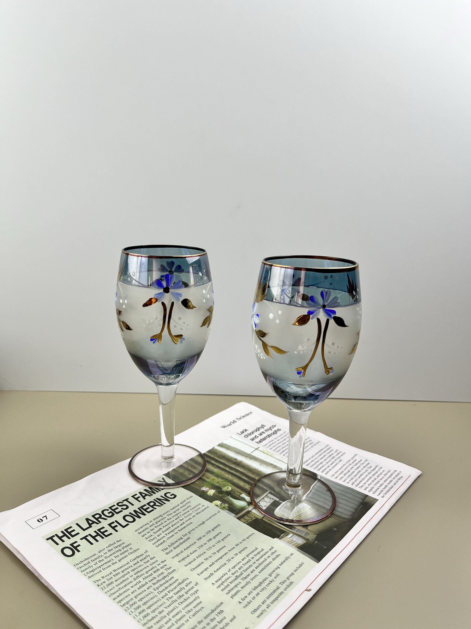 中古vintage蓝色鎏金彩绘高脚杯红酒杯法式复古葡萄酒杯礼物