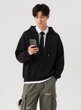 韩式休闲风连帽卫衣男宽松半拉链套头长袖上衣黑色2026春季新款