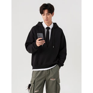韩式休闲风连帽卫衣男宽松半拉链套头长袖上衣黑色2026春季新款
