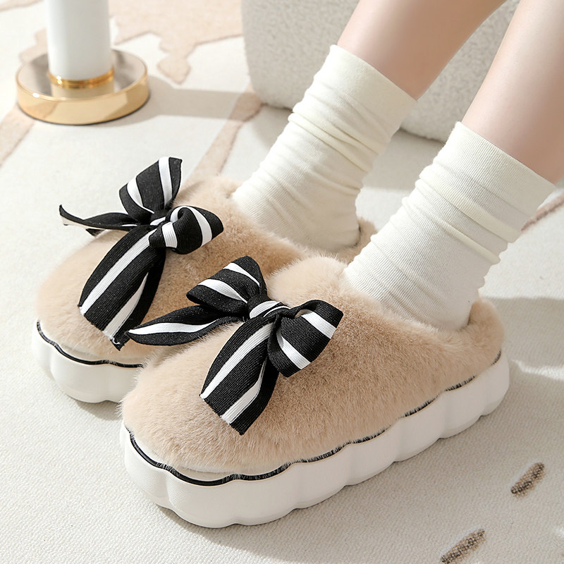 蝴蝶结毛毛拖鞋女冬季新款居家时尚厚底踩屎感月子棉拖鞋保暖防滑