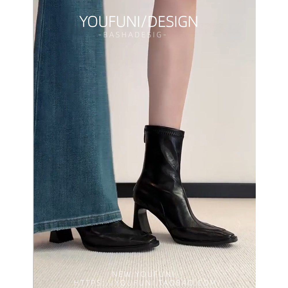 手工牛皮版~高跟粗跟方头短靴女秋冬单靴2025新款法式棕色瘦瘦靴