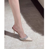 尖头香槟细跟高跟浅口水钻一字带绸缎凉鞋 2025夏季 新款 半拖凉拖女