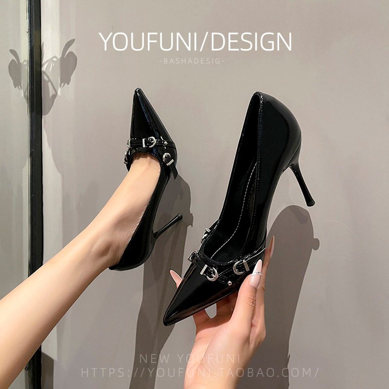 黑色绝美高跟鞋女2025新款不累脚法式气质漆皮尖头细跟单鞋配裙子,女鞋,浅口单鞋,淘宝优惠券,粉丝福利购,淘宝优惠卷