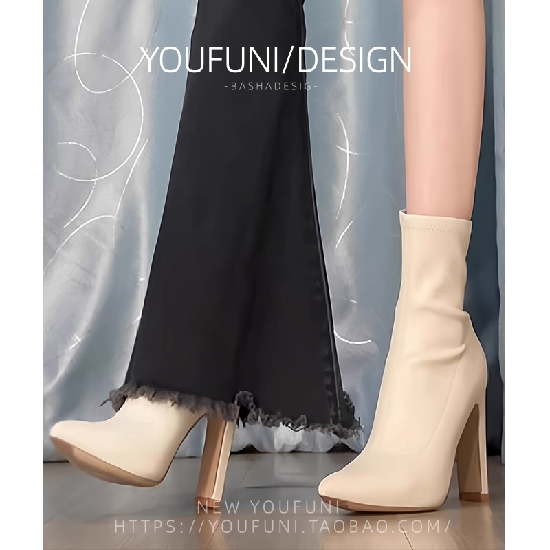 羊皮版~短靴2025秋冬高跟气质尖头粗跟配裙子显瘦弹力单靴马丁靴