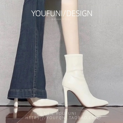 不累脚~法式米白色高跟小短靴