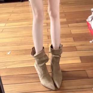 羊皮法式尖头高跟短靴女2026秋冬气质杏色堆堆短筒靴细高跟小踝靴