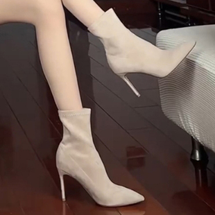 不累脚裸色高跟鞋女2025新款秋冬尖头细跟弹力靴女短靴瘦瘦靴百搭