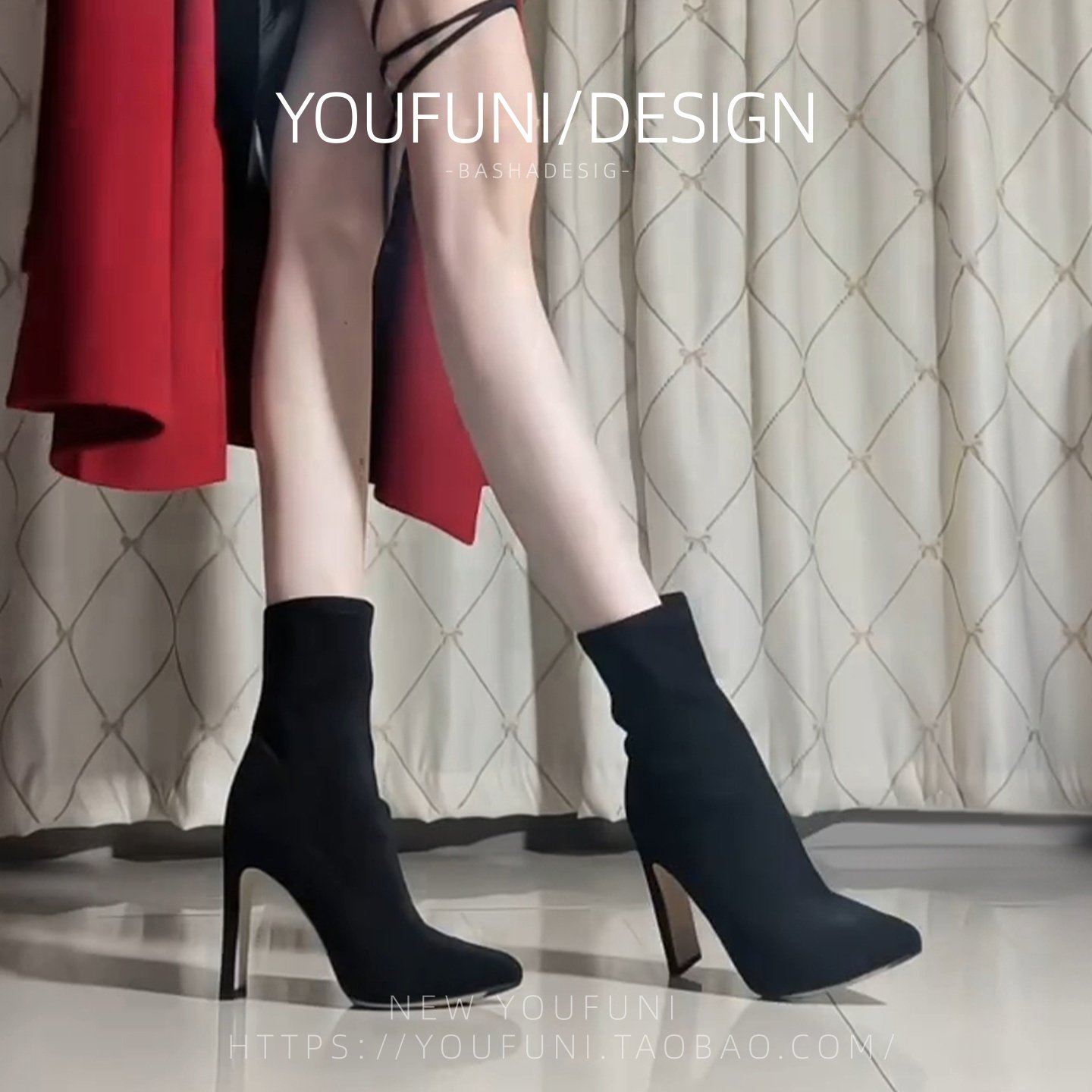 羊皮款~黑色绒面小短靴2025秋冬新款尖头粗跟气质显瘦百搭高跟靴