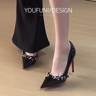 黑色轻熟红底高跟鞋 不累脚 女胖脚宽气质细跟御姐性感职业百搭单鞋