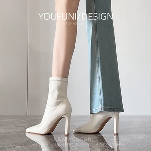米白色高跟短靴女 女秋冬显瘦尖头瘦瘦靴2025年新款 羊皮版 高跟鞋