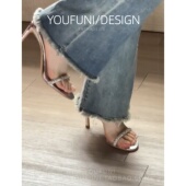 女性感不累脚单鞋 羊皮版 百搭水钻一字带凉鞋 女细跟秋夏季 高跟鞋