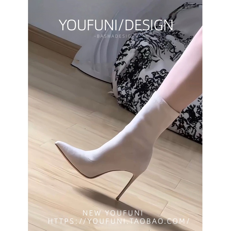 细跟尖头高跟短靴弹力靴女御姐2025年秋冬新款弹力瘦瘦靴绒面袜靴