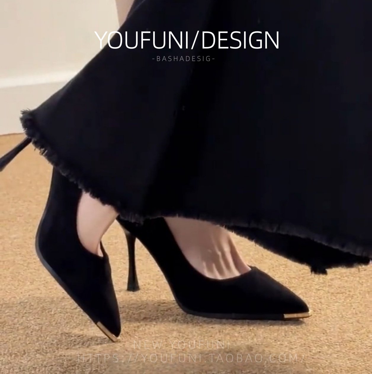 单鞋新款黑色绒面金属头高跟鞋女性感百搭细跟尖头通勤浅口工作鞋